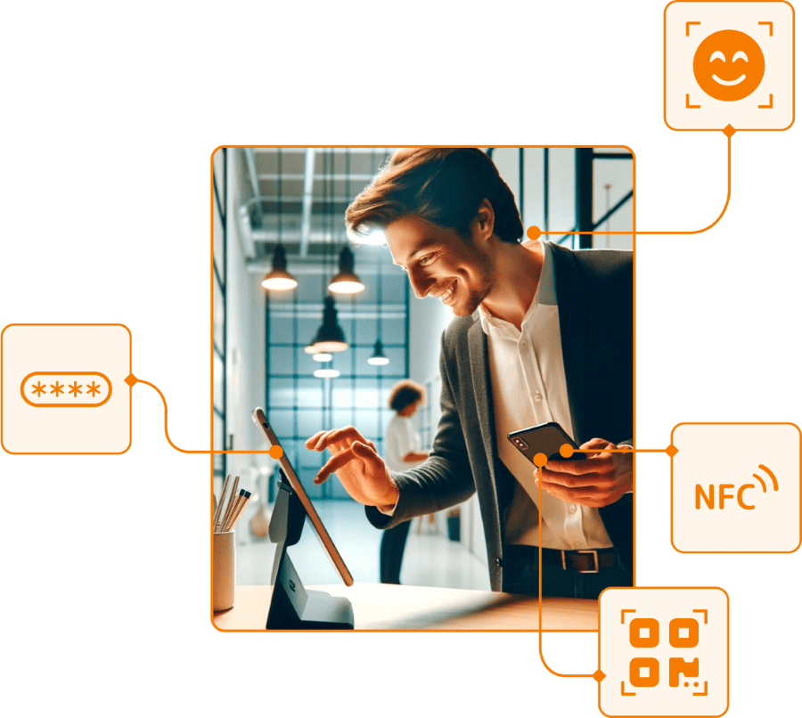 Hombre usando software de fichaje con reconocimiento facial, QR y NFC en una empresa moderna
