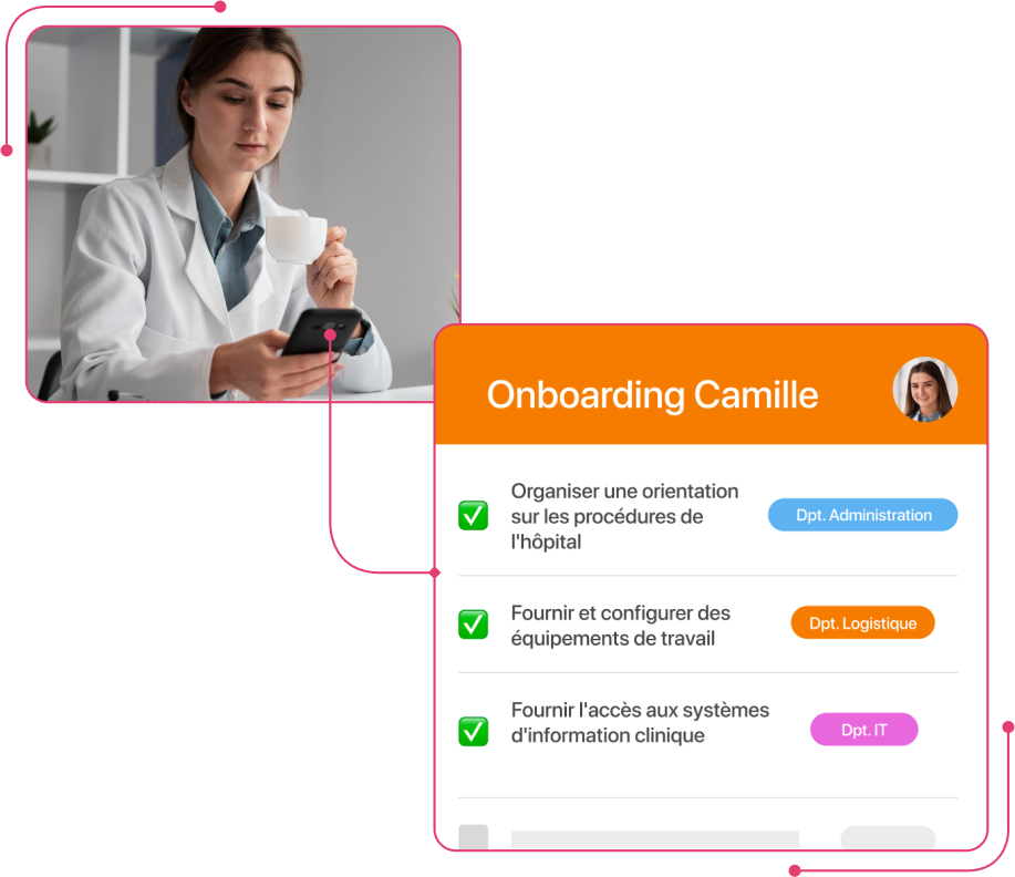 Capture d'écran d'une infirmière et médecin de clinique en onboarding général dans TramitApp