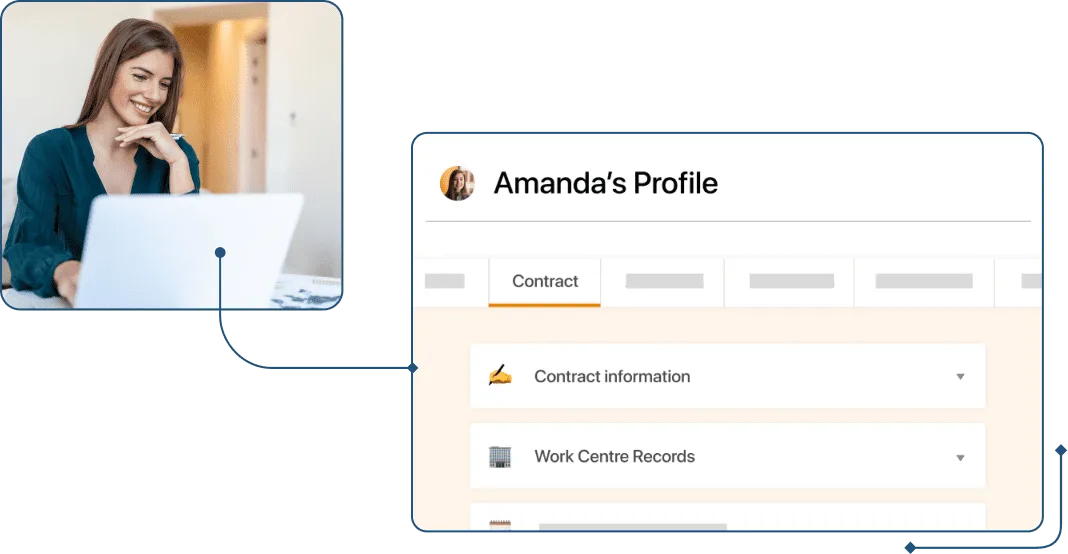 Screenshot of an employee at a computer with the employee profile and admin contract in TramitApp
