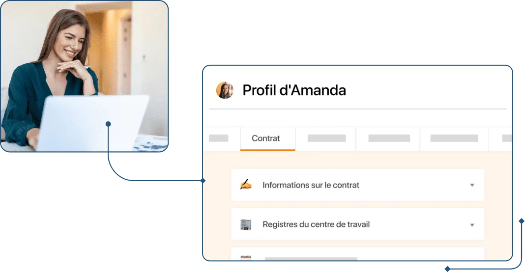 Capture d'écran d'une employée à l'ordinateur avec le profil employé et le contrat administrateur dans TramitApp