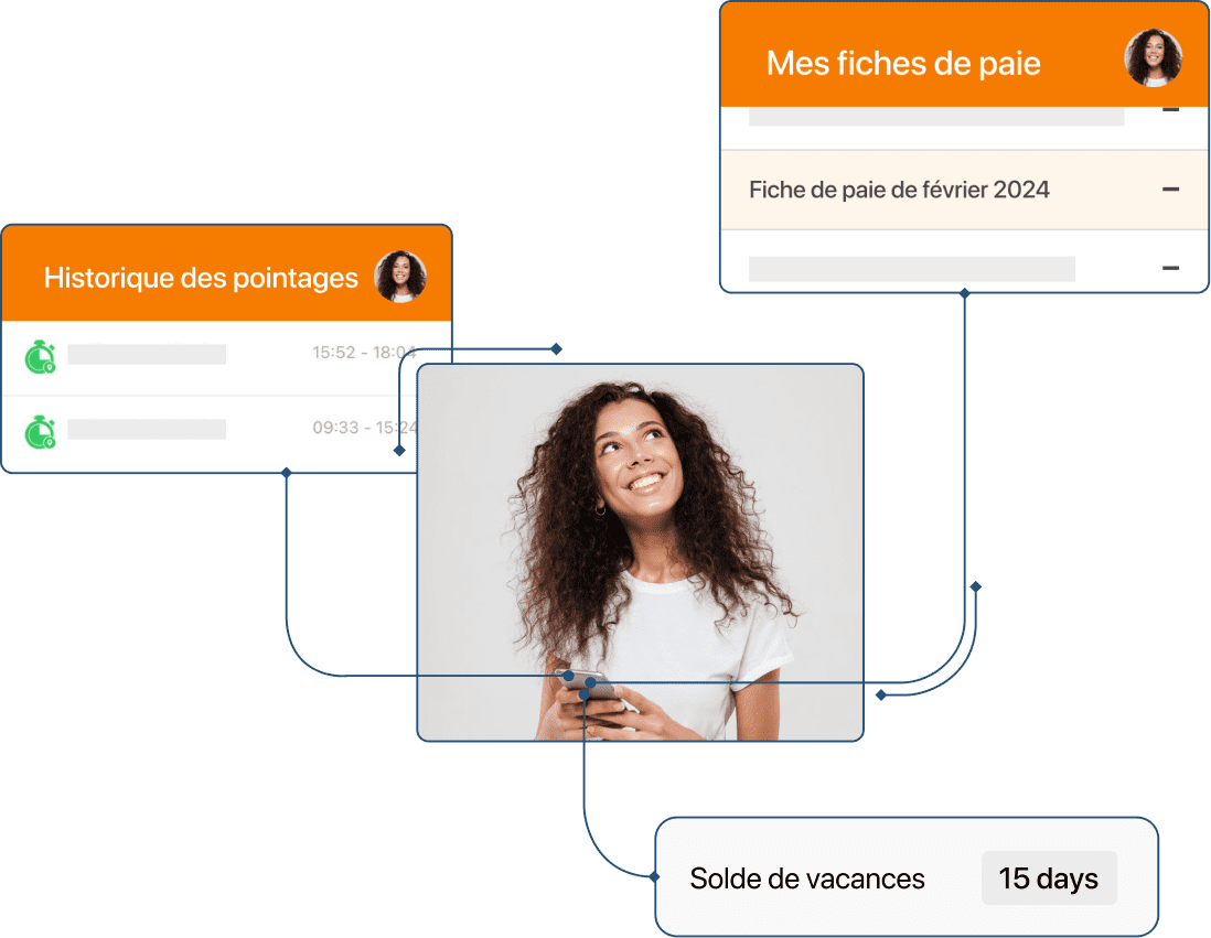 Capture d'écran du dossier numérique employé avec bulletins, historique de pointages et solde de congés dans TramitApp
