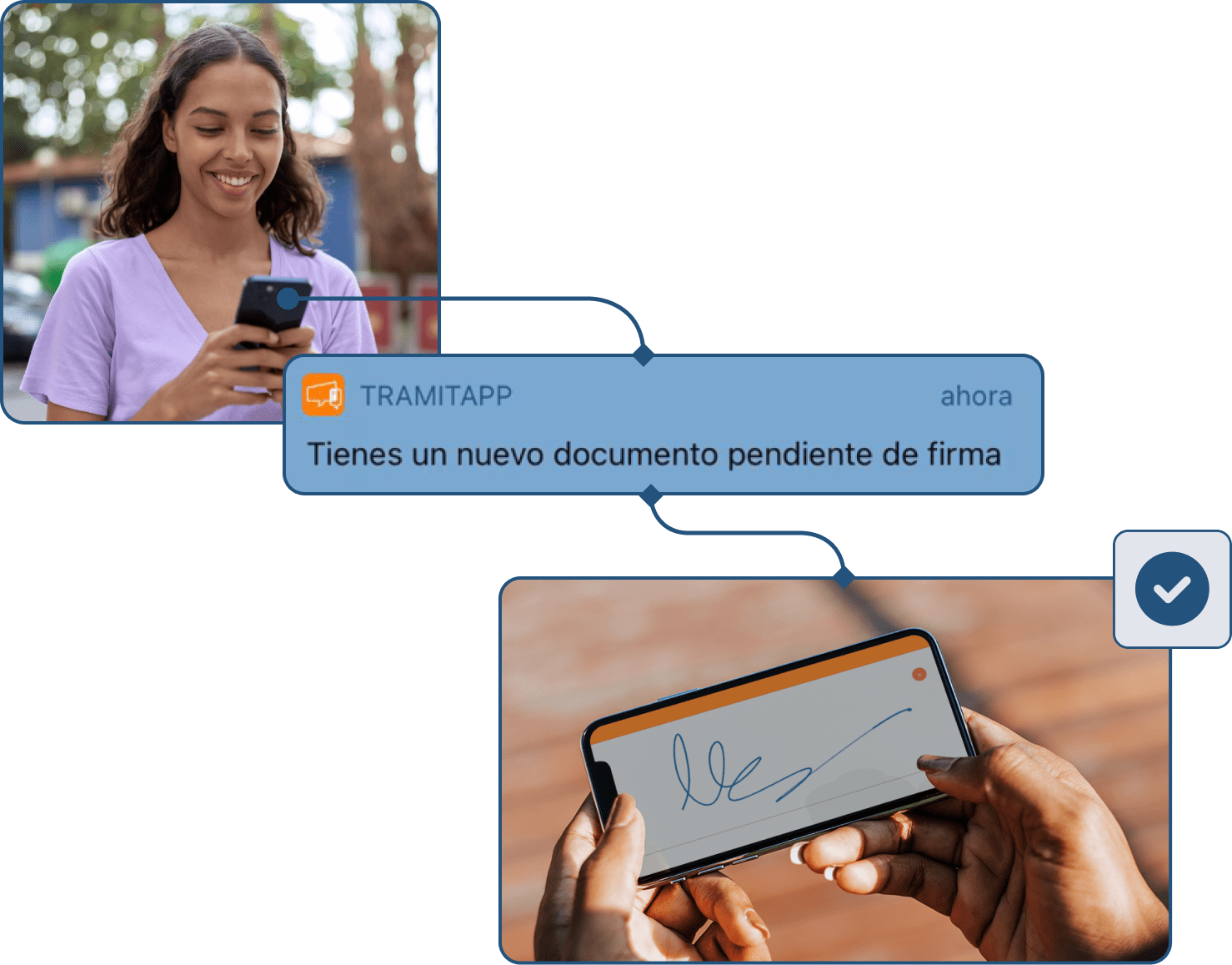 Mujer recibe una notificación de que tiene un nuevo documento pendiente de firma y lo firma desde su móvil