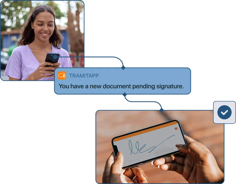 A woman receives a notification about a document pending signature and signs it from her mobile