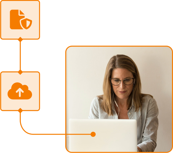 Screenshot of a woman uploading a document securely in TramitApp