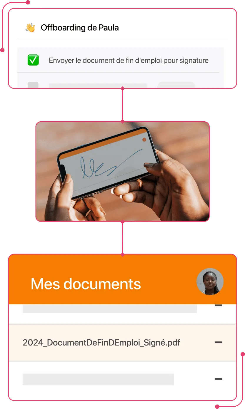 Capture d'écran du processus d'offboarding avec signature du solde de tout compte dans TramitApp