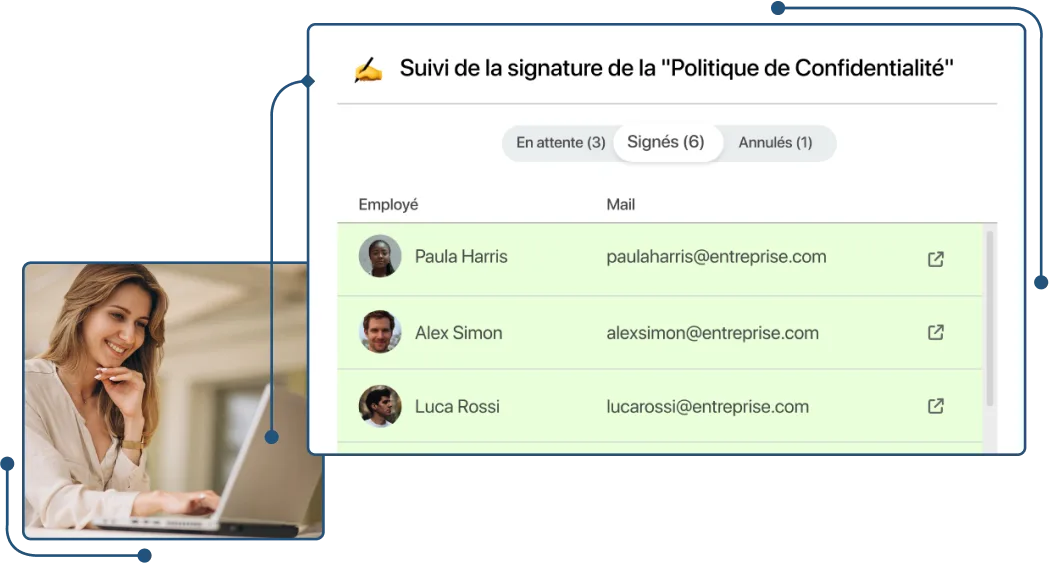 Capture d'écran du suivi de signature de la politique de confidentialité dans TramitApp
