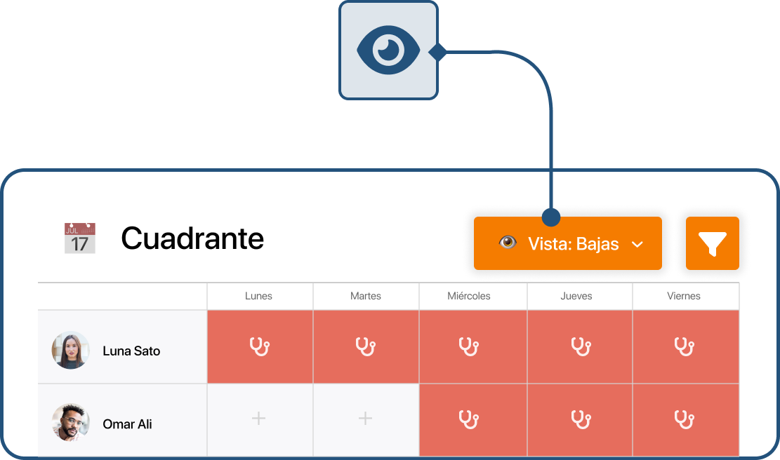 Captura de vista cuadrante bajas medicas en TramitApp