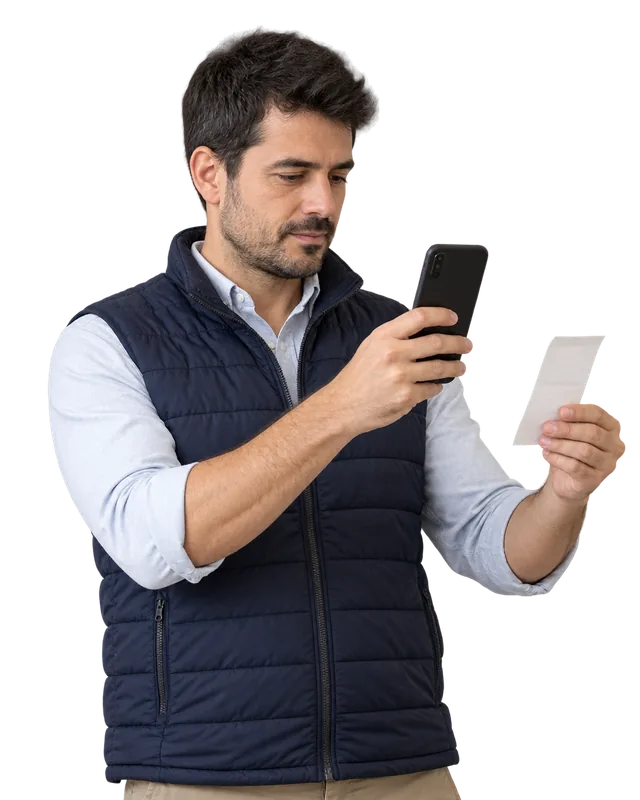 Employee photographing a receipt with a phone to log the expense in TramitApp’s expense management software