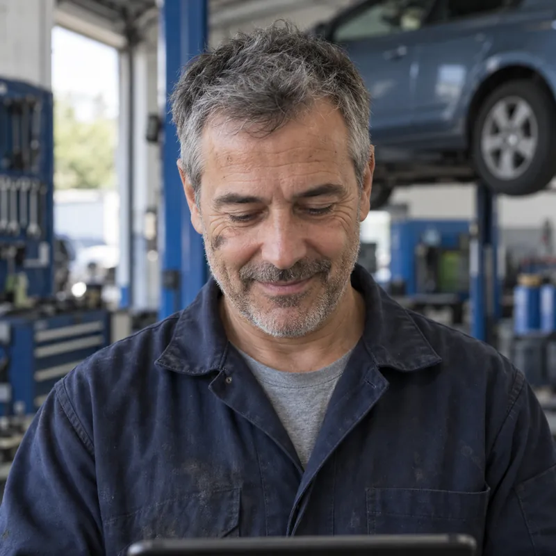 Workshop owner checking his team's time and attendance on a tablet with TramitApp