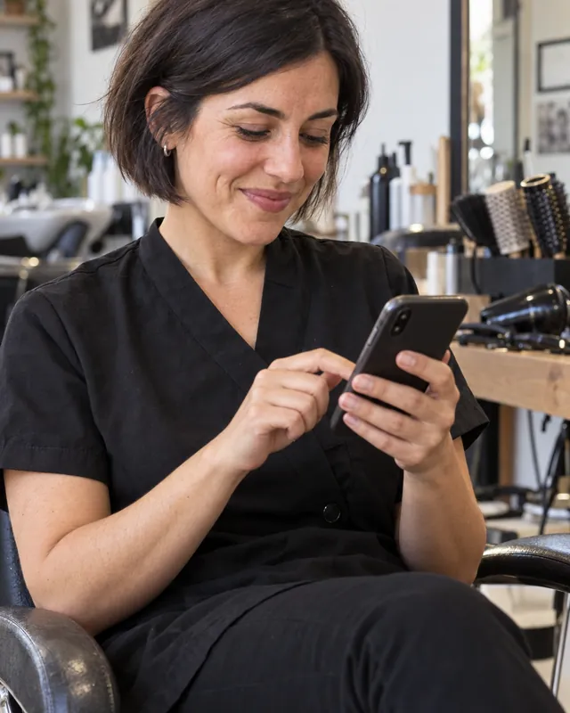 Patronne d'un salon de coiffure de quartier pointant pour la première fois depuis son mobile avec TramitApp Nano