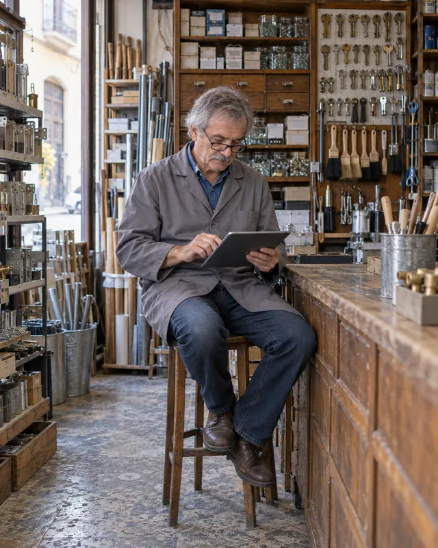 Patron d'une quincaillerie de quartier consultant sur sa tablette le pointage de son équipe avec TramitApp Nano