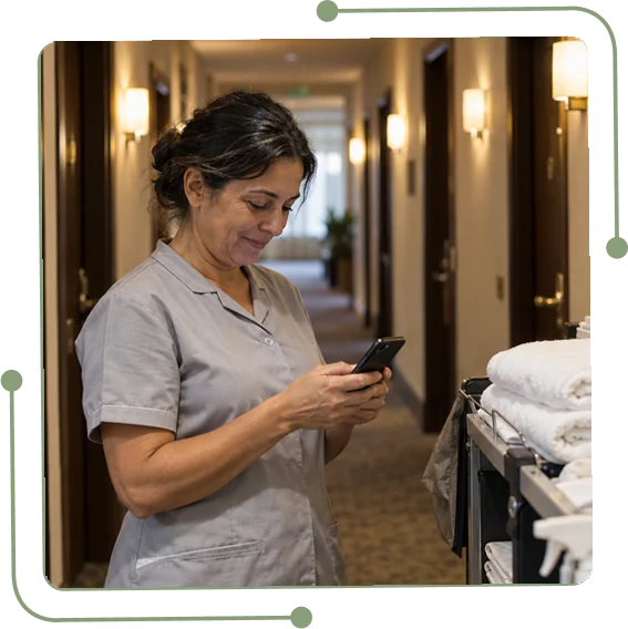 Hotel housekeeper checking her shifts in the TramitApp mobile app