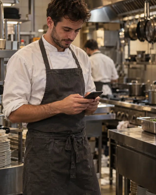 Cocinero fichando con geolocalización desde el móvil en el restaurante con TramitApp