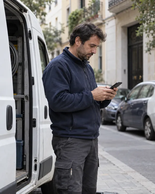Trabajador fichando la entrada desde el móvil con mapa de ubicación en TramitApp