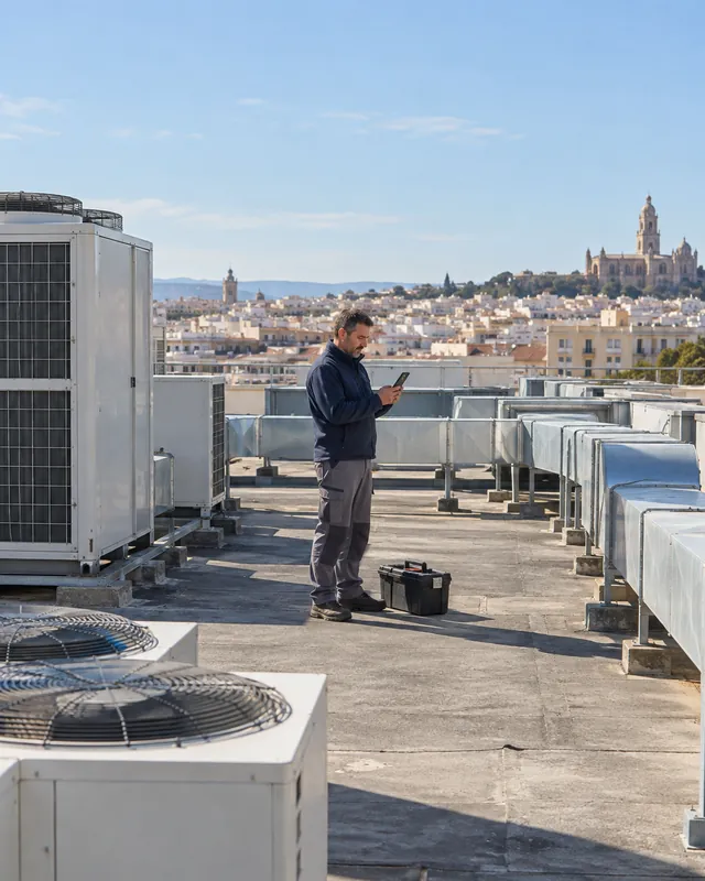 Air-conditioning engineer clocking in on his phone on a client's roof with TramitApp