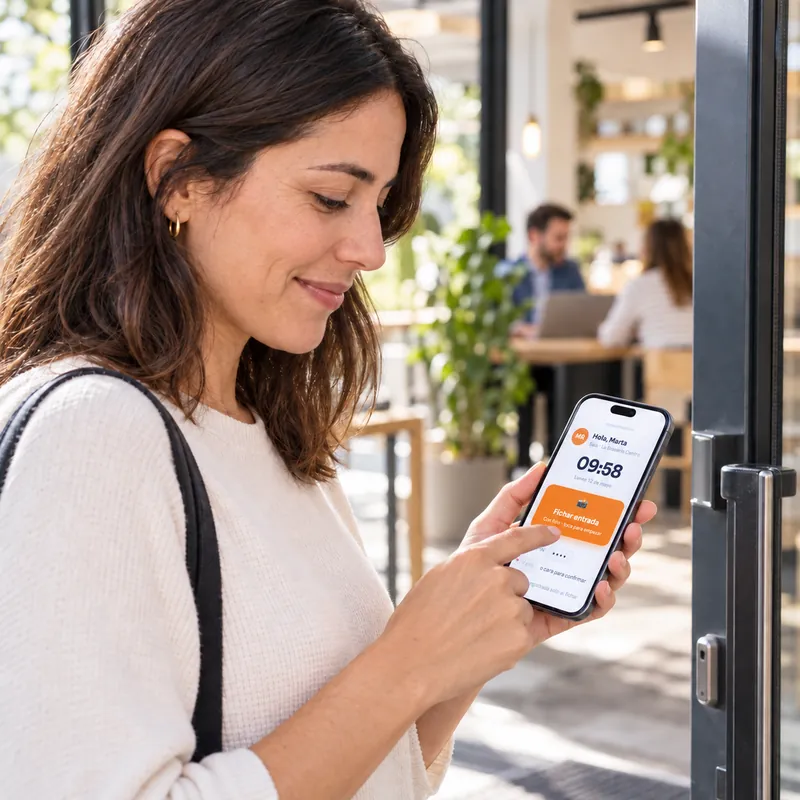Empleada fichando con código QR desde el móvil con TramitApp
