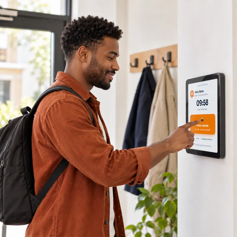 Empleado fichando con código QR en el kiosko de pared de TramitApp