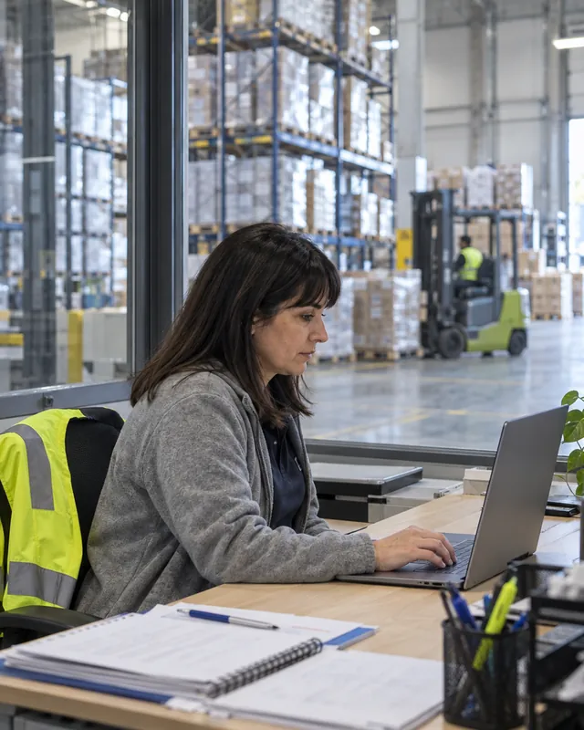 Logistics warehouse administrator clocking in from her laptop browser with TramitApp's web clocking in
