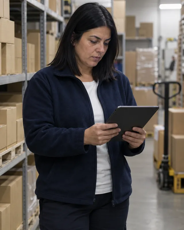 Encargada de supermercado consultando los fichajes de su equipo desde la tablet en TramitApp