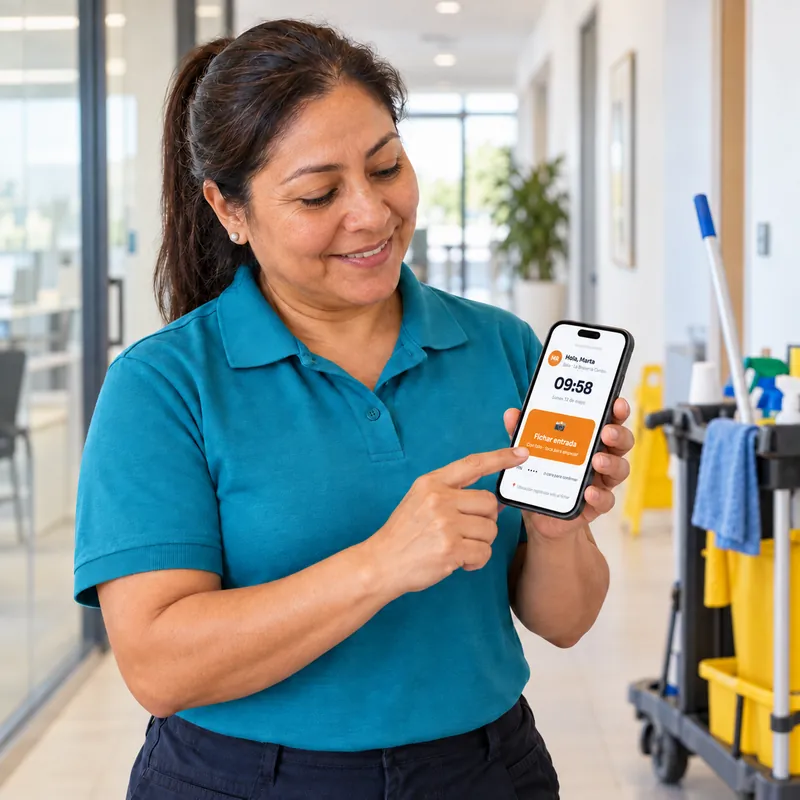 Trabajadora de limpieza fichando desde el móvil fuera de la oficina con TramitApp