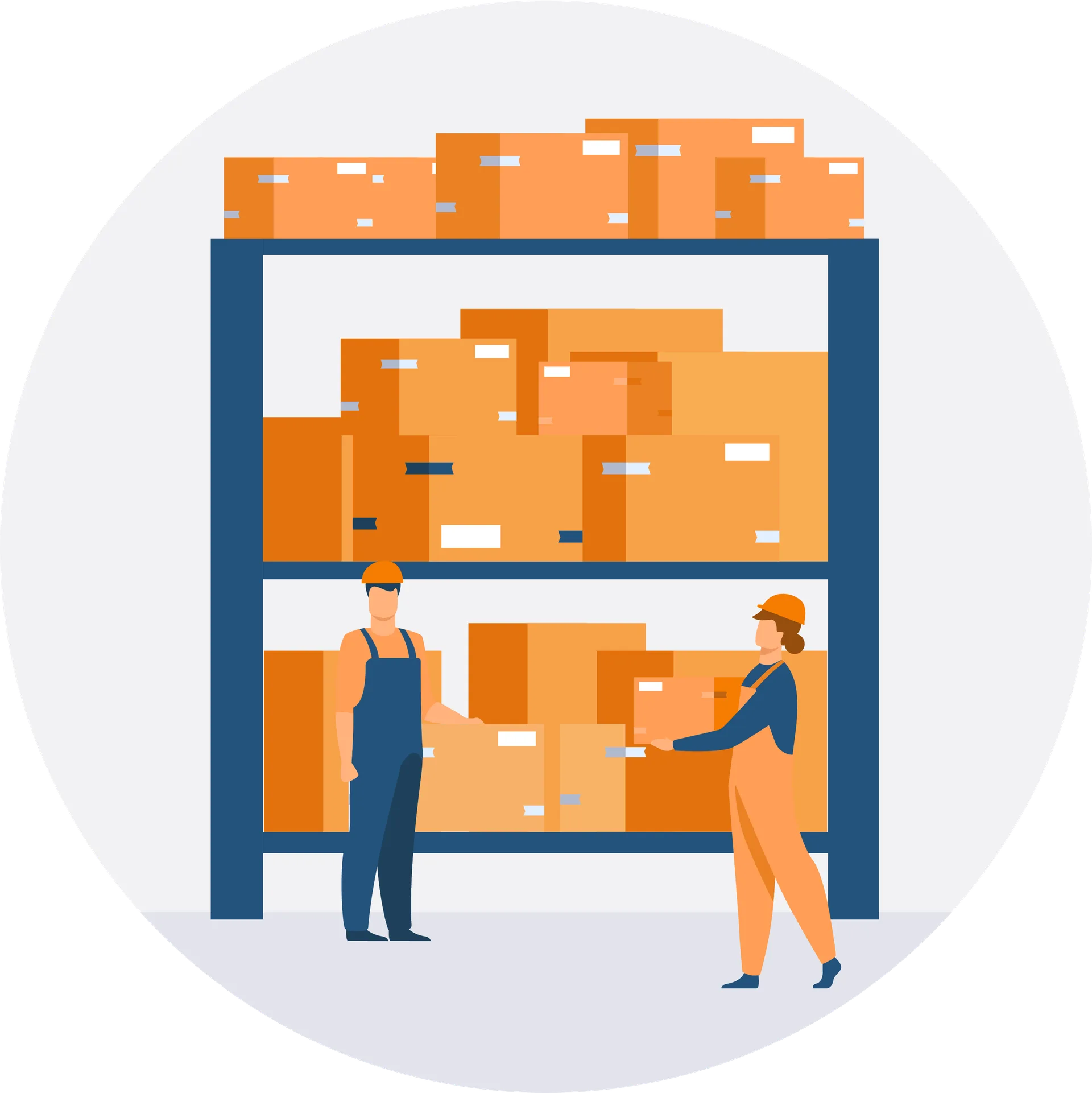 Warehouse workers with boxes and helmets