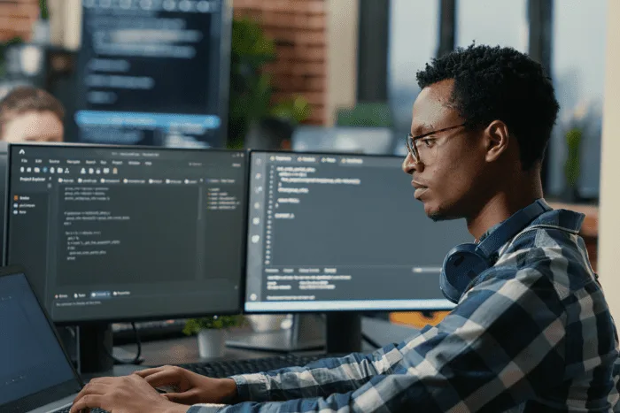 Person working at a computer, illustrating TramitApp's API as your HR database