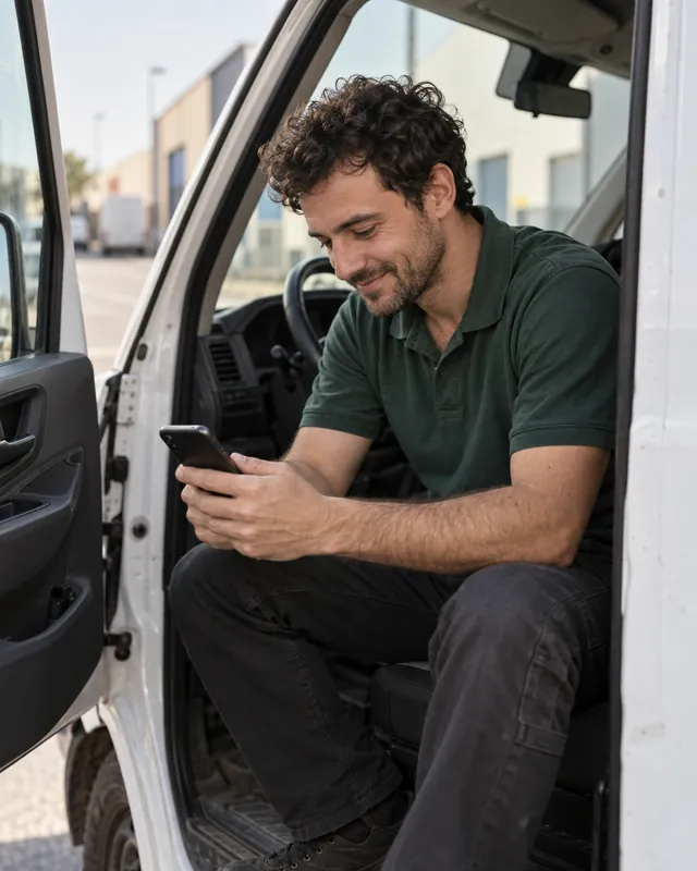 Delivery driver getting confirmation of his leave on his phone, from the cab of his van, in TramitApp