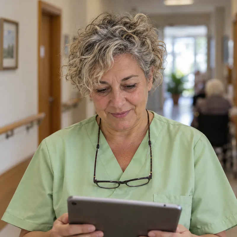 Care home manager planning her team's shifts on a tablet with the TramitApp staff rota