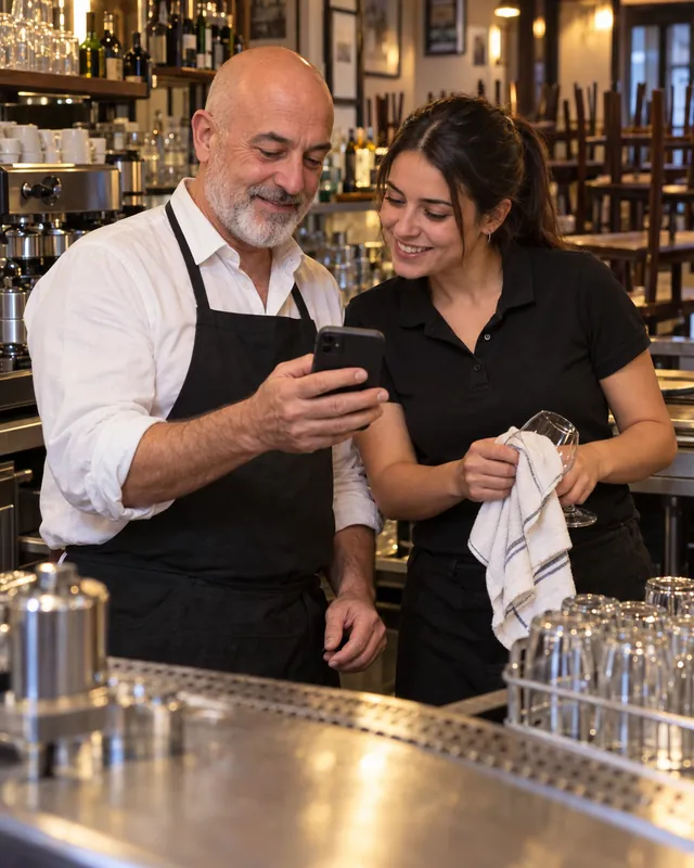 Patron d'un bar de quartier montrant à sa serveuse sur son mobile les pointages du jour en ordre dans TramitApp Nano