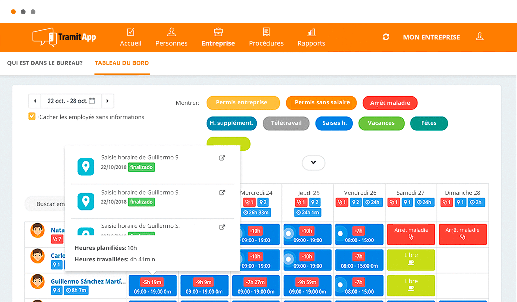 Control horario cuadrado con las ausencias