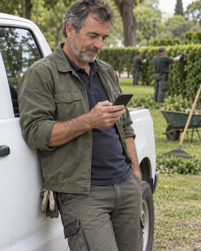 Gardening supervisor checking all clock-ins, via WhatsApp, app, web and QR, on his phone in TramitApp