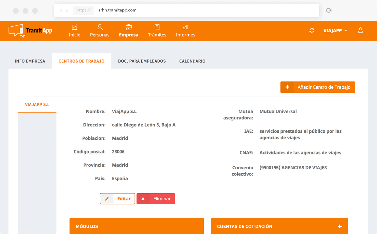 Configuración personalizada en los centros de trabajo TramitApp Control Horario te permite la gestión multiempresa personalizada