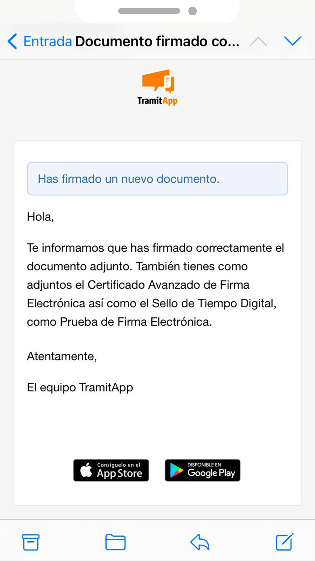 email_has_firmado_un_documento gestor documental de empresa en el teléfono móvil