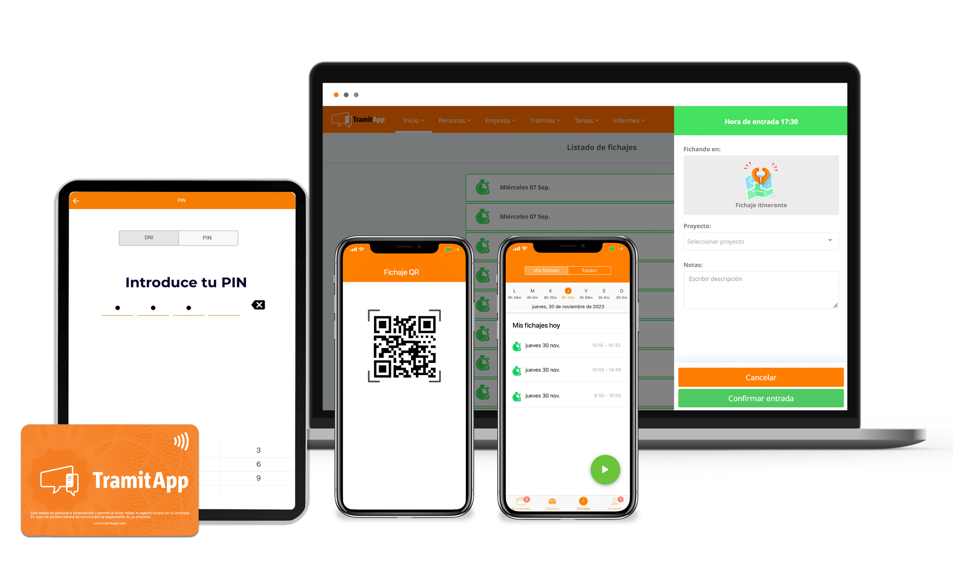 Panel TramitApp con fichajes en tiempo real desde modo kiosko