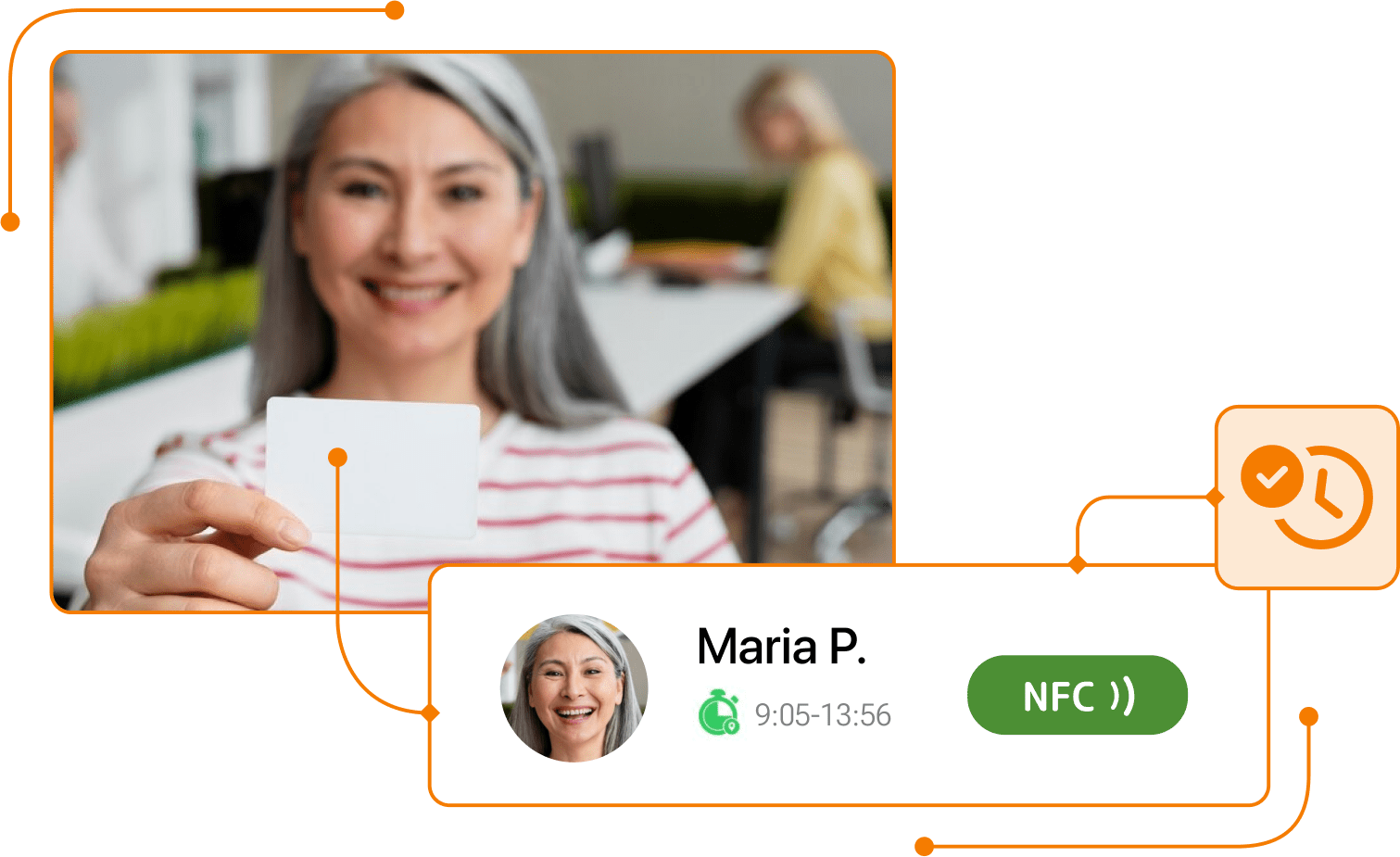 Empleada sonriente mostrando una tarjeta de identificación NFC utilizada para registrar su jornada laboral en un sistema moderno de control de asistencia. La interfaz en segundo plano confirma el registro exitoso de su turno, evidenciando la eficiencia y simplicidad del proceso.
