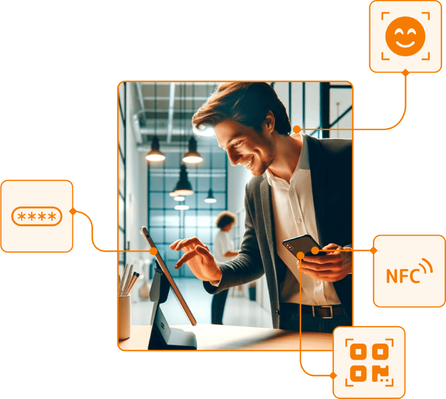 Modo kiosko TramitApp en tablet con fichaje QR, NFC y PIN